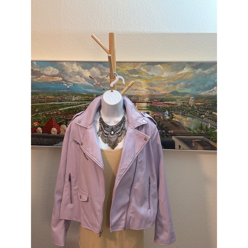 Nine West Moto Jacket Women Large Purple Faux Leather Asymmetrical Zip Biker - Picture 2 of 7